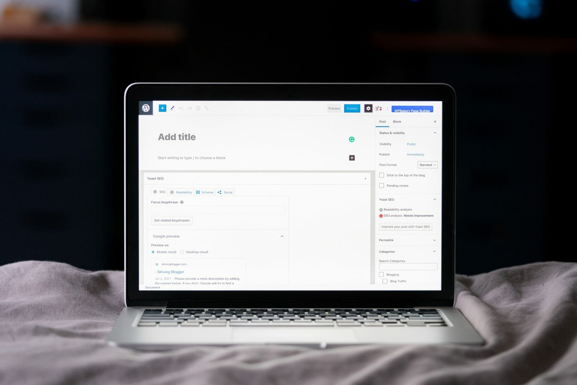 A laptop displaying a content management system with an "Add title" section ready to create a new post. The screen shows fields for entering the title, image, categories, and other post details.