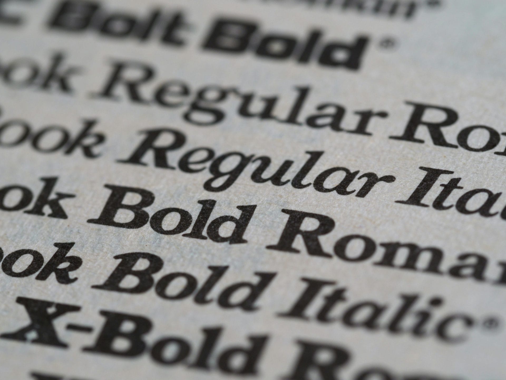 Close-up image of a printed page displaying various font styles, including "Regular," "Italic," "Bold," and "Roman." The text appears in black on a light background.