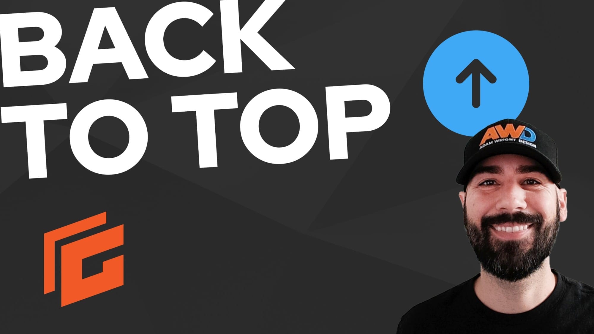 A man wearing a black cap and black shirt smiles in front of a black background. The words "BACK TO TOP" and an upward arrow icon are displayed beside him. An orange logo is visible in the bottom left corner.