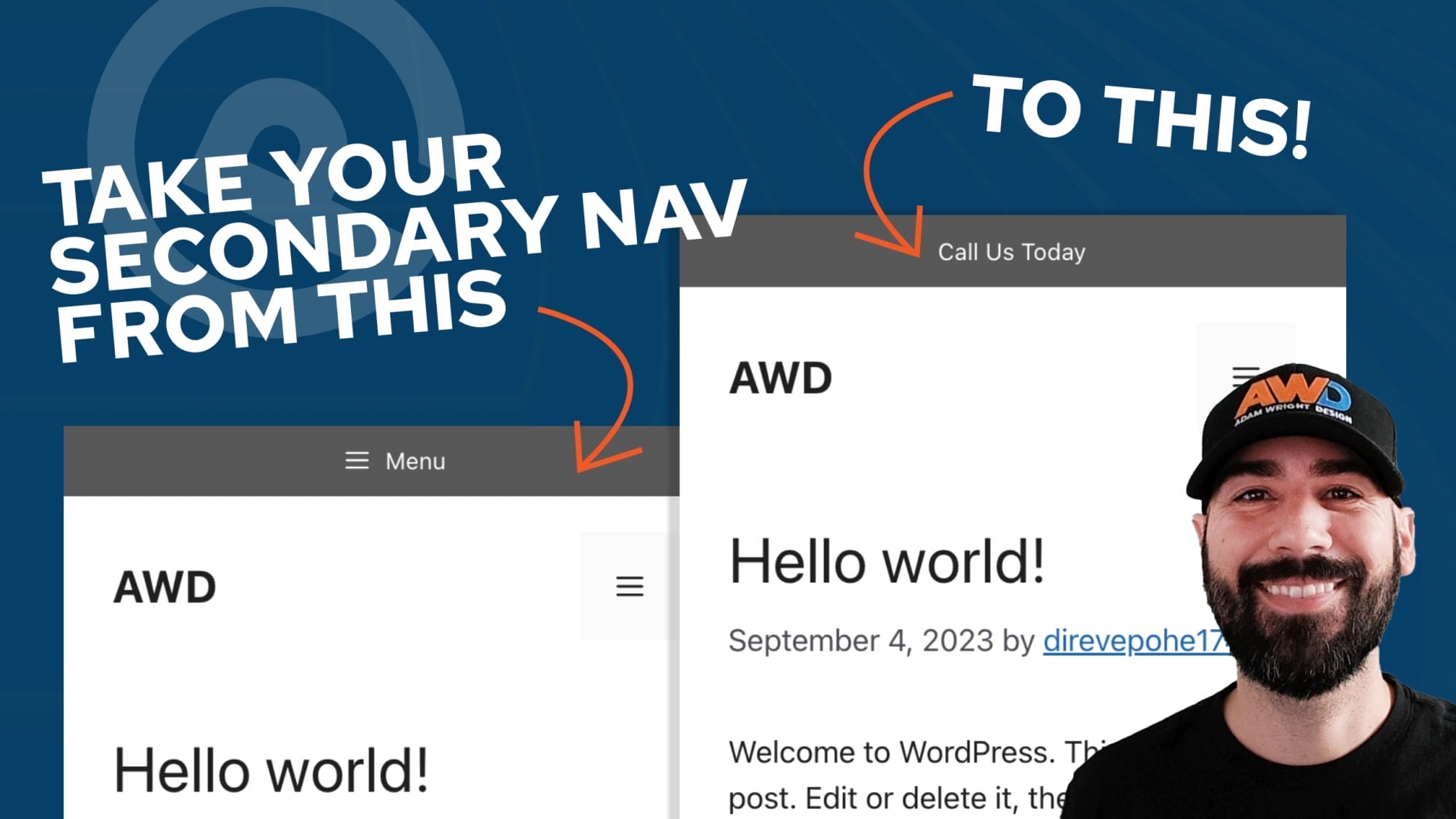 Comparison image showing a website navigation bar before and after changes, with text "Take your secondary nav from this to this!" and an image of a smiling person in the bottom-right corner.