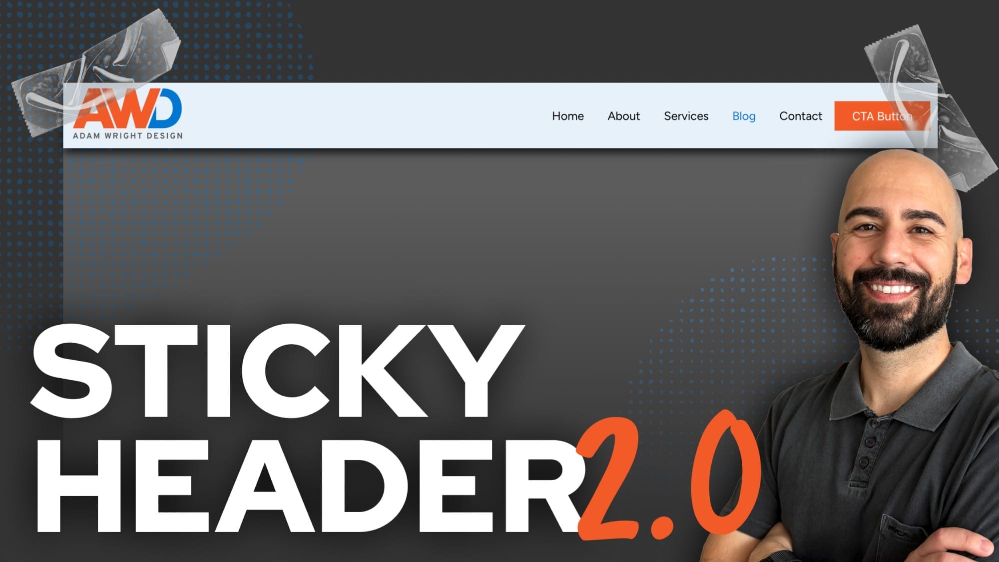 A man smiles beside a web page mockup labeled "AWD Adam Wright Design" with the text "Sticky Header 2.0" in bold letters.