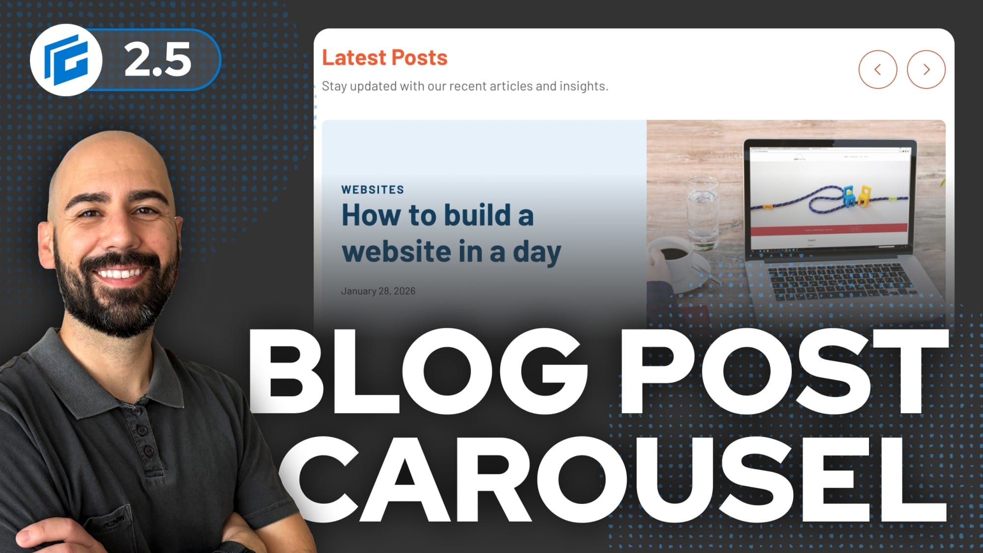 A man stands with folded arms next to a blog post carousel interface displaying "How to build a website in a day" on a computer screen. Text reads, "BLOG POST CAROUSEL.