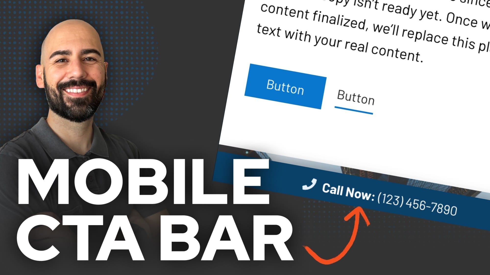 A man smiles beside a graphic displaying a website mockup with a highlighted mobile call-to-action bar and the text "MOBILE CTA BAR.