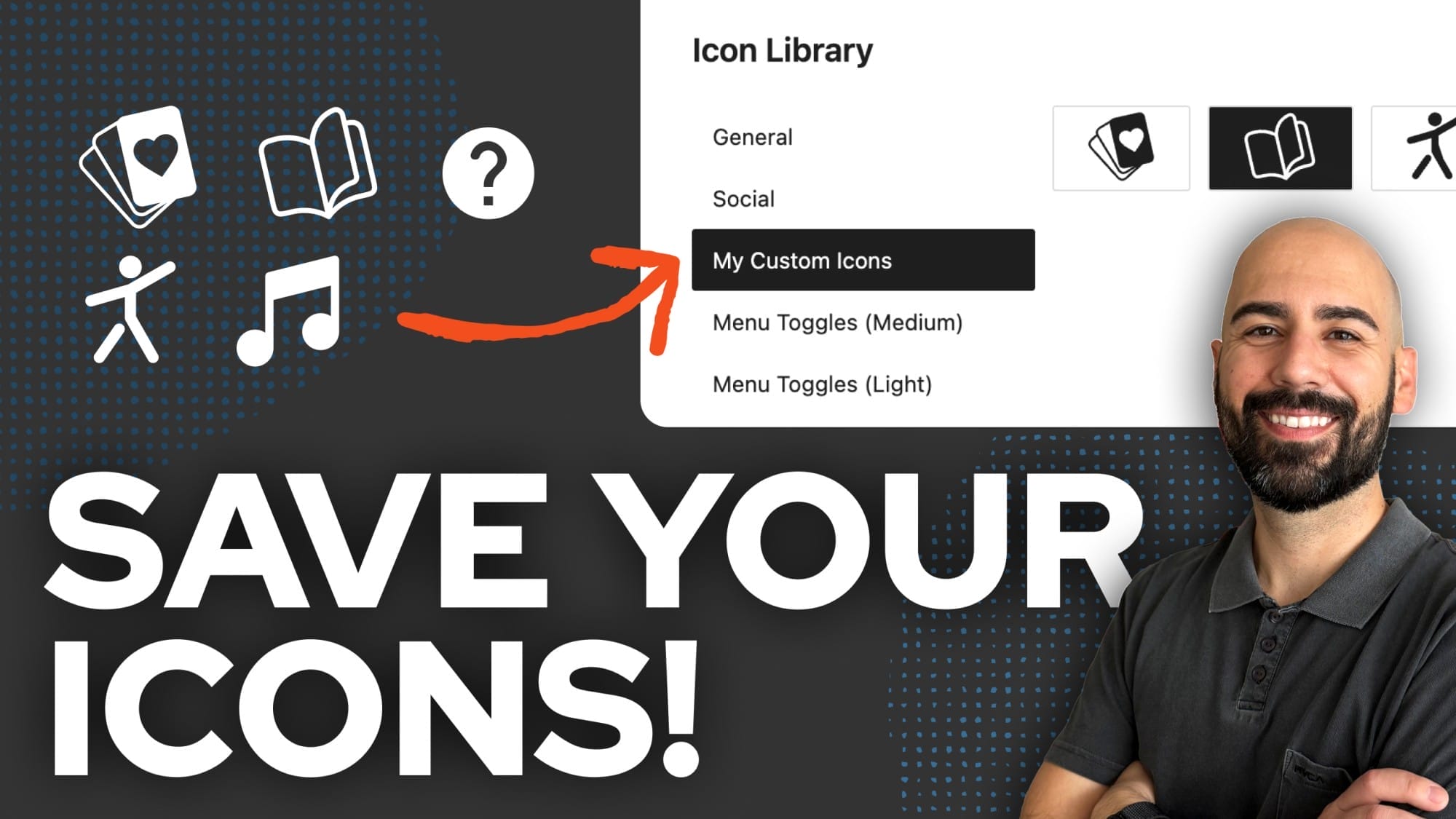 A man stands next to large text reading "SAVE YOUR ICONS!" with a screenshot of an icon library and various icons on a dark background.